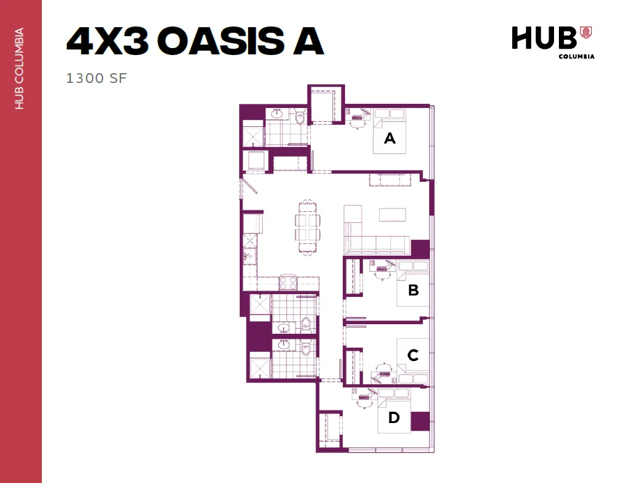 Spacious 4X3 Oasis A floor plan featuring four bedrooms, a stylish open-concept living and dining area, and modern kitchen at Hub Columbia, 1300 square feet.