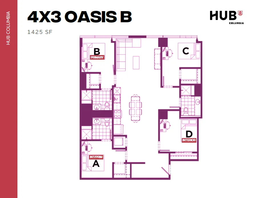 Elegant 4-bedroom, 3-bathroom floor plan at Hub Columbia with open-concept living and dining area, covering 1425 SF. Spacious layout ideal for modern living.