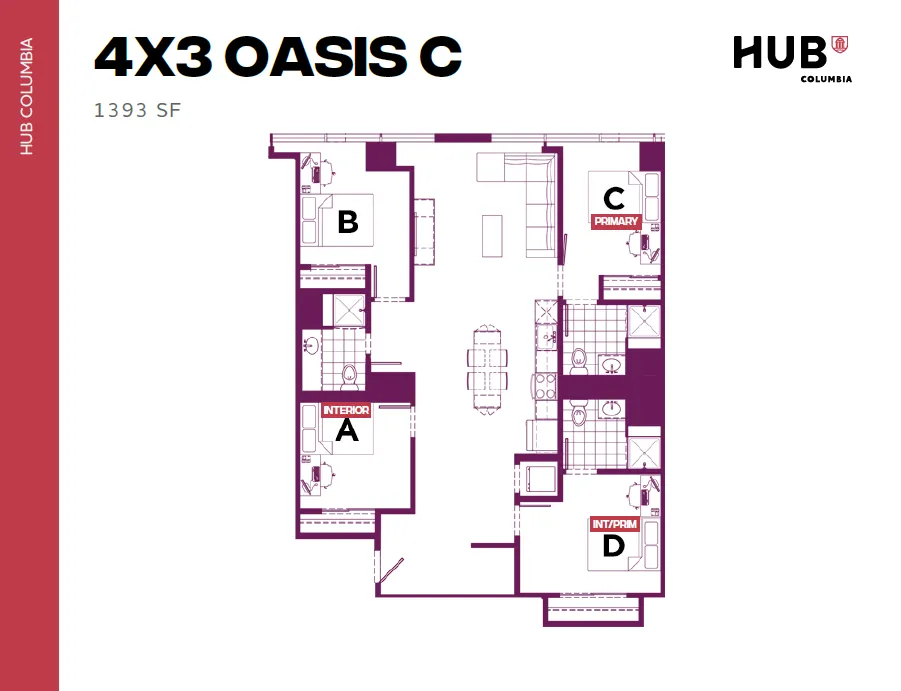 4x3 Oasis C floor plan featuring 4 spacious bedrooms, modern open-concept living area, and functional kitchen layout in 1393 sq ft.