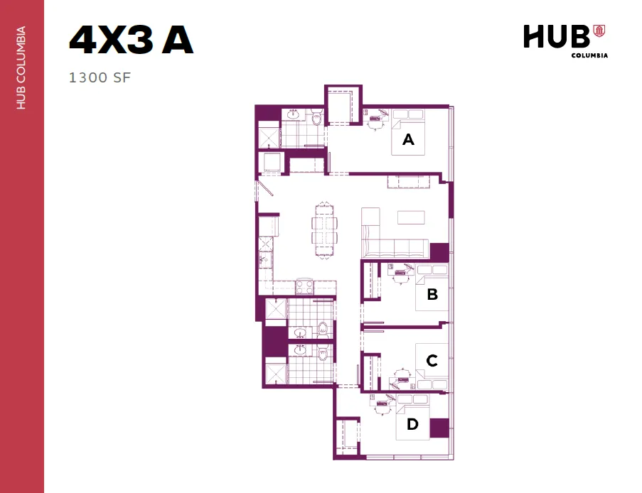 Modern 4-bedroom floor plan, featuring a spacious open-concept living and dining area, sleek kitchen design, and 1300 sq ft of living space at HUB Columbia.