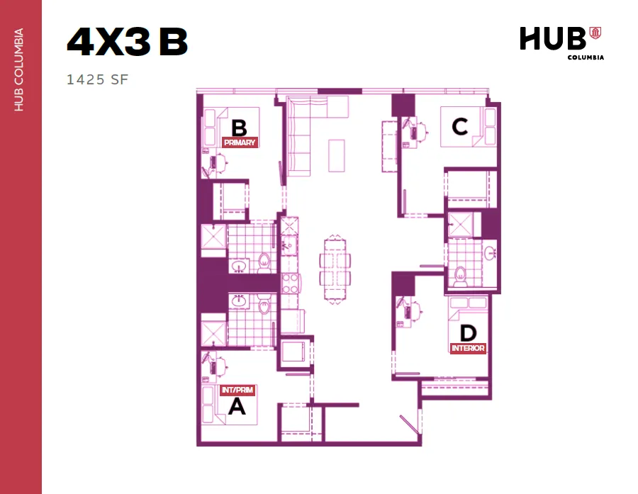 Modern 4x3B floor plan with 1425 SF at HUB Columbia, showcasing four spacious bedrooms, an open kitchen, and versatile living area.