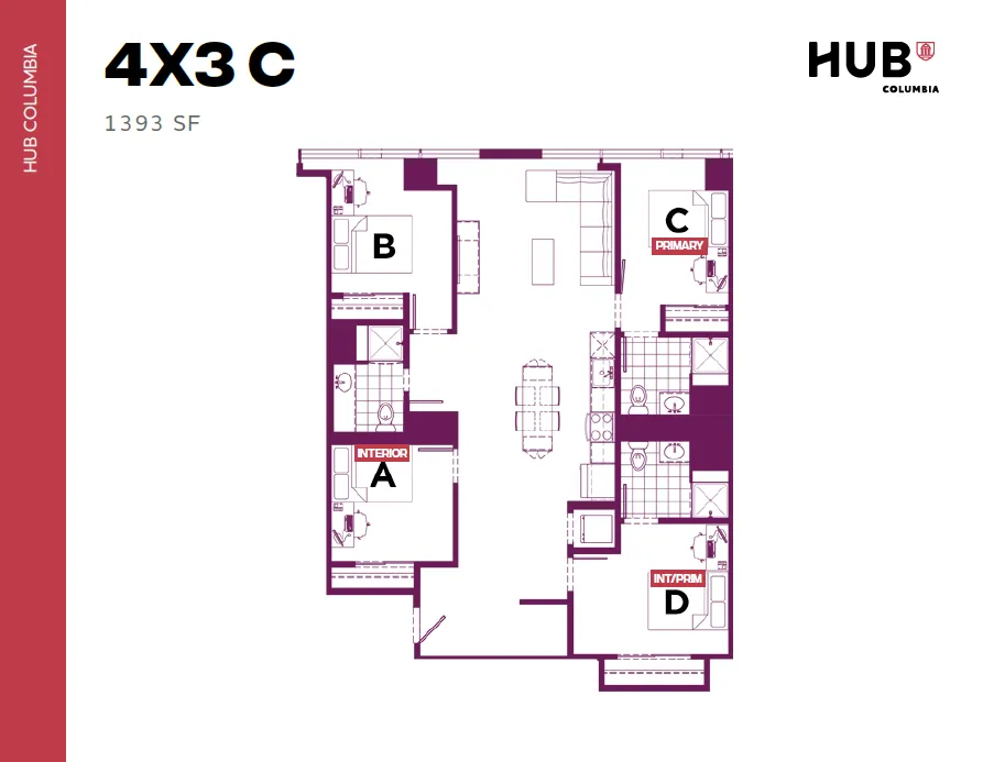 Modern 4X3C floor plan layout with 4 bedrooms, spacious living area, and functional kitchen - 1393 square feet at Hub Columbia.