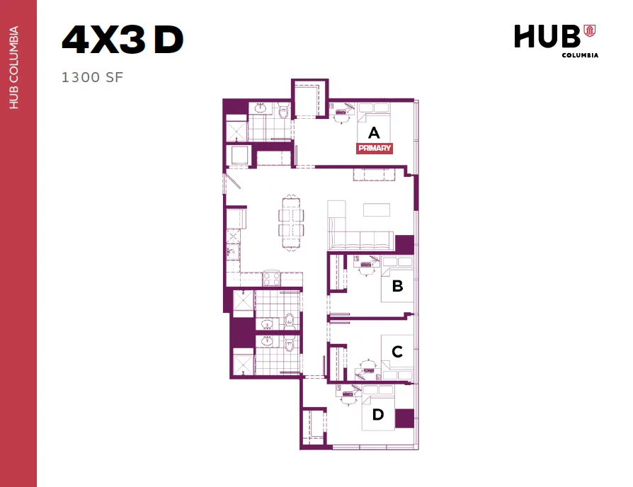 Modern 4-bedroom floor plan with open living area and two bathrooms, spanning 1300 sq ft at Hub Columbia.