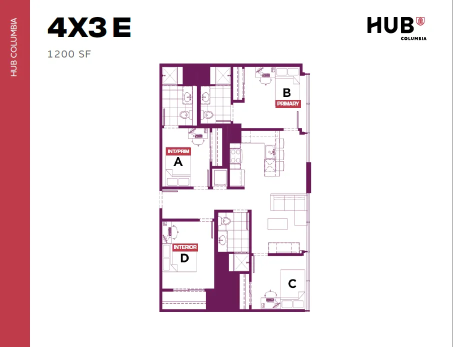 Modern 4X3E floor plan at HUB Columbia showcasing 1200 sq ft with 4 bedrooms, open living space, and sleek kitchen layout.