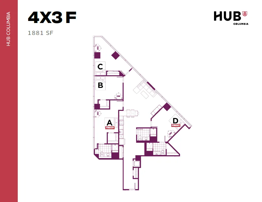 Modern 4-bedroom floor plan at Hub Columbia with spacious living areas, sleek kitchen design, and luxury bathrooms, totaling 1881 square feet.