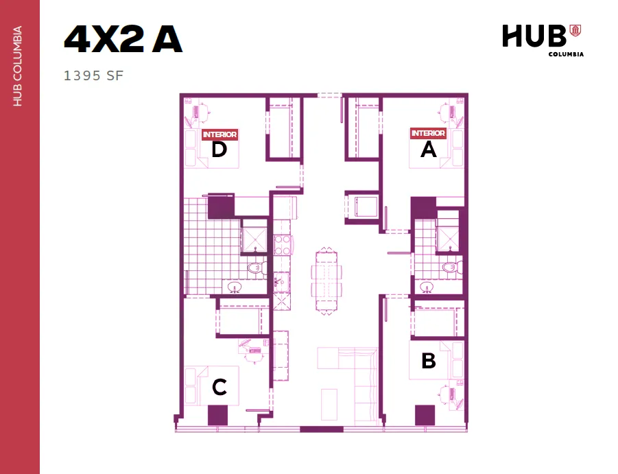 Modern 4-bedroom, 2-bath floor plan at HUB Columbia featuring spacious living and dining areas, ideal for comfortable living within 1395 square feet.