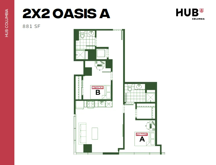 Modern 2D floor plan of Hub Columbia's 2X2 Oasis A, featuring 2 bedrooms, 2 bathrooms, and a stylish living area in 881 sq ft.