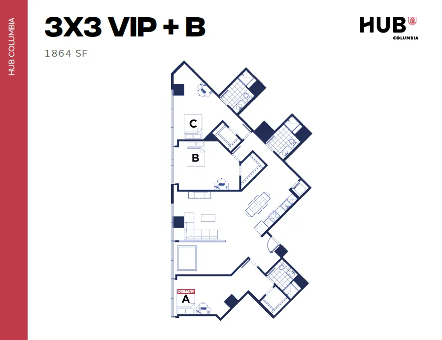 Spacious 3-bedroom, 3-bath floor plan with open-concept living area at Hub Columbia, 1864 sq ft.