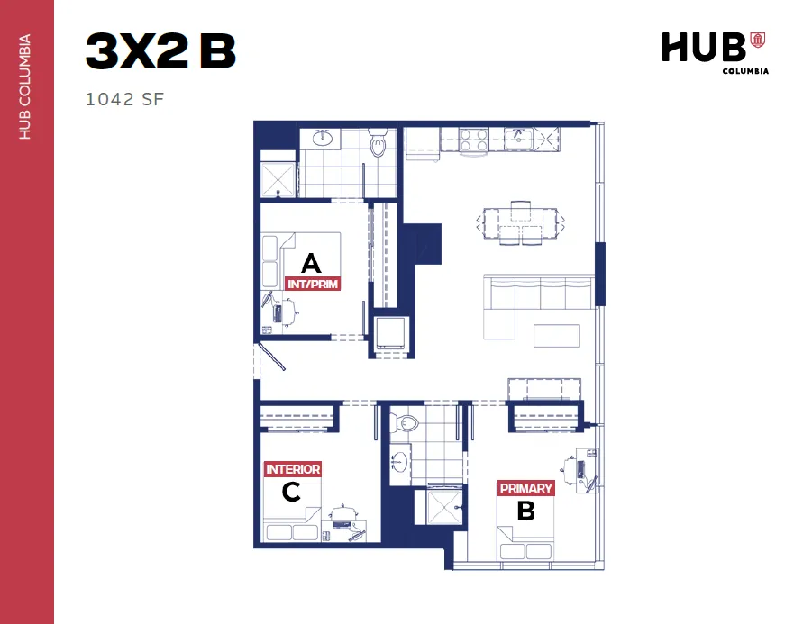 Modern 3X2 B floor plan at HUB Columbia featuring 3 bedrooms, spacious living room, and well-appointed kitchen, totaling 1042 sq ft.