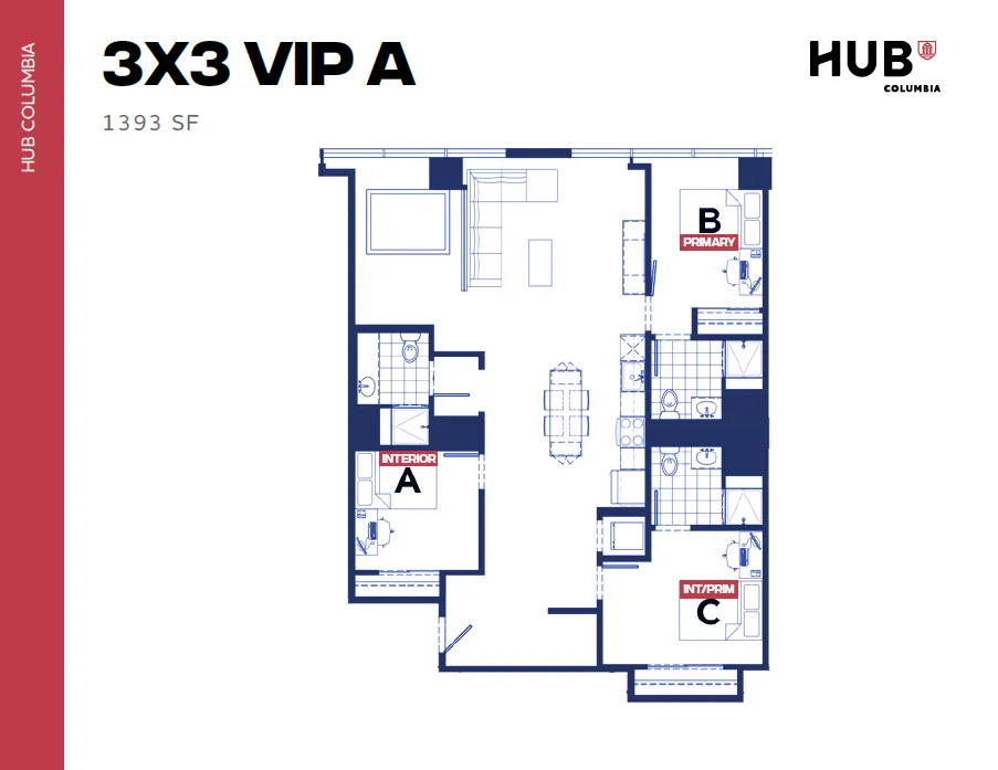 Modern 3-bedroom, 3-bathroom floor plan at HUB Columbia, featuring open-concept living and dining area, 1393 sq ft of stylish living space.
