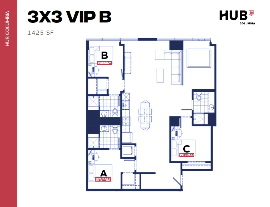 Modern 3-bedroom, 3-bathroom VIP B floor plan at Hub Columbia, featuring a spacious open-concept layout with a bright living area and stylish dining space, covering 1425 square feet.