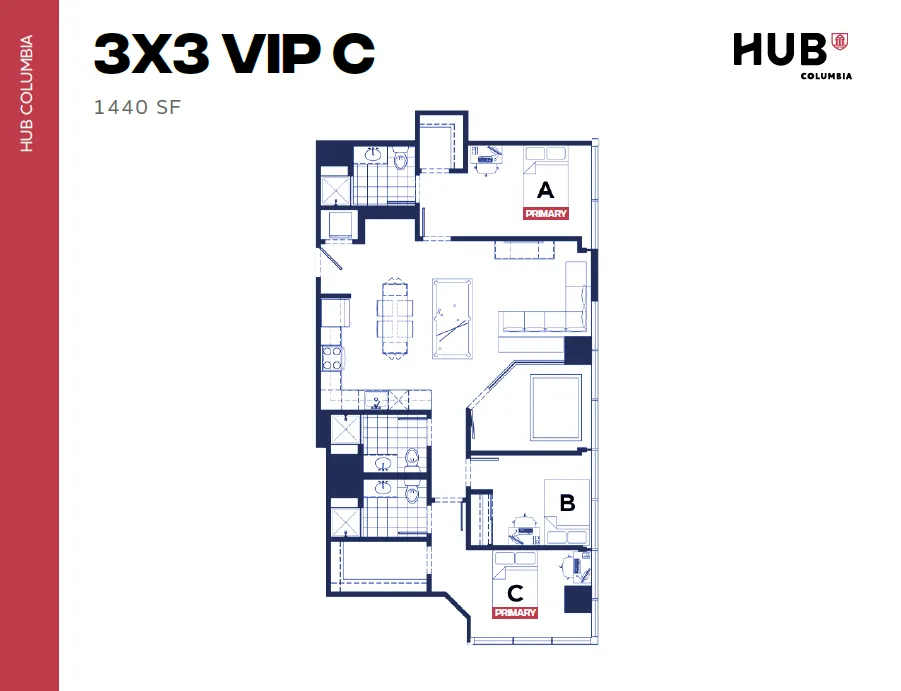 Modern 3-bedroom, 3-bathroom floor plan featuring open living and dining area in a spacious 1440 SF layout, Hub Columbia.
