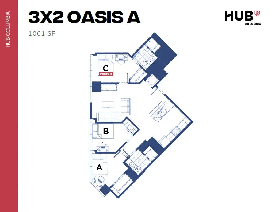 Spacious 3X2 Oasis A floor plan featuring three bedrooms, modern kitchen, and open living area, 1061 sq ft at Hub Columbia.