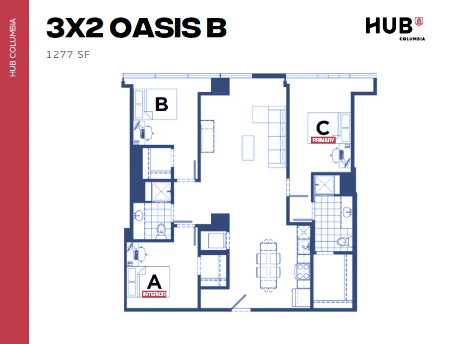 Modern 3-bedroom floor plan '3X2 Oasis B' with spacious living area and kitchen, 1277 sq ft at Hub Columbia.