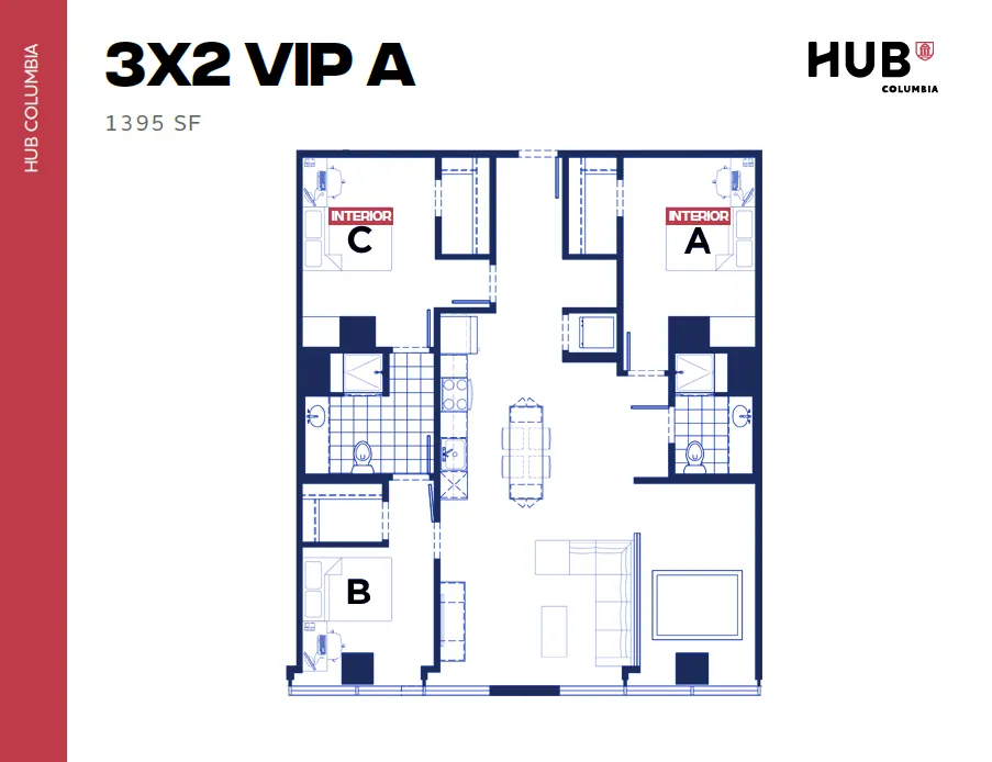 Modern 3X2 VIP A floor plan with three spacious bedrooms, open living area, and well-equipped kitchen, covering 1395 SF at HUB Columbia.