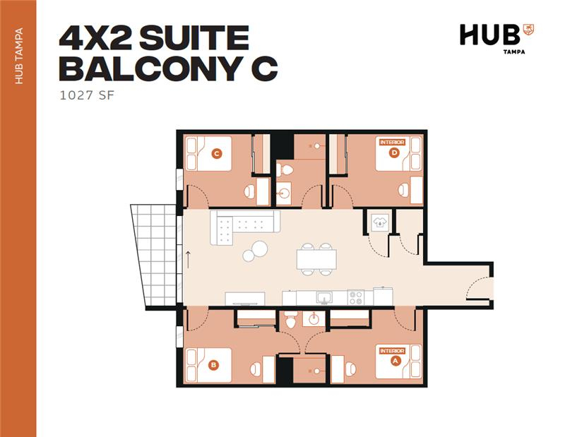 Modern 4x2 suite floor plan featuring spacious open-concept living area, four bedrooms, two bathrooms, and a large balcony, 1027 sq ft.
