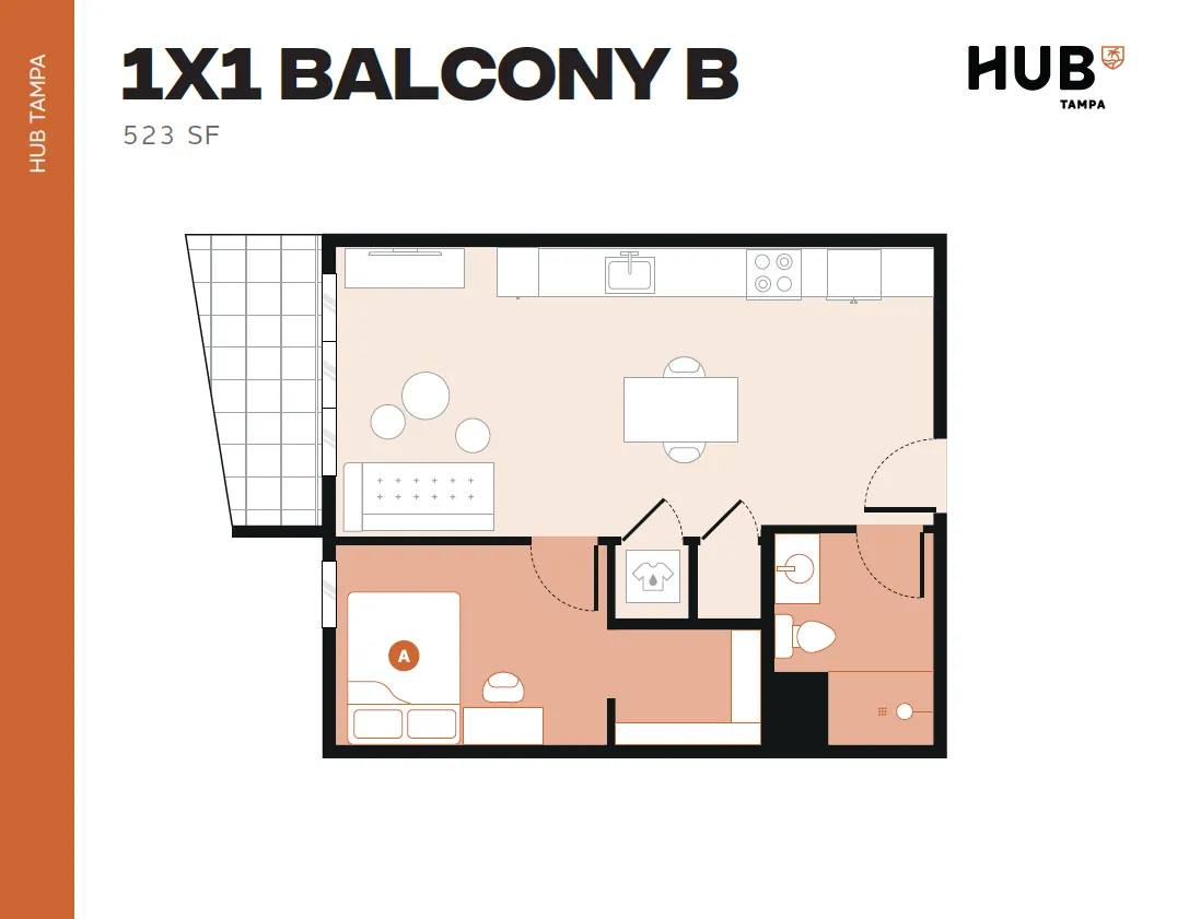 Modern 1-bedroom floor plan with spacious balcony, open-concept living and kitchen area, 523 sq ft at Hub Tampa.