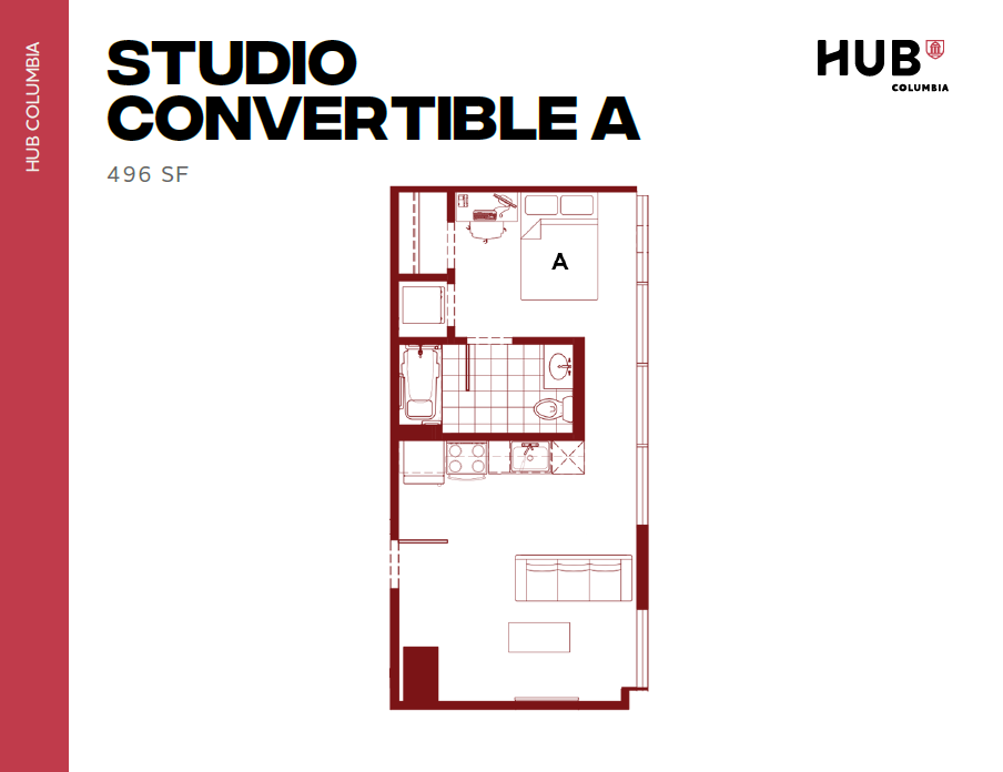 Modern Studio Convertible A floor plan at Hub Columbia, showcasing open living space with a compact kitchen and bedroom, 496 sq ft.