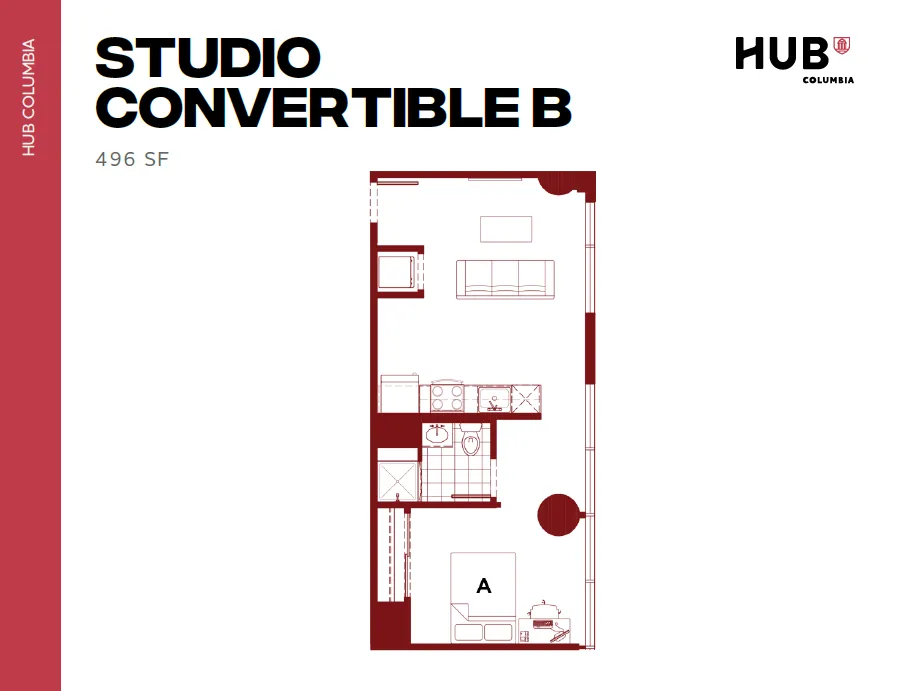 Efficient studio convertible floor plan at HUB Columbia, featuring a spacious open layout with a cozy living area, modern kitchen, and well-appointed bathroom, encompassing 496 square feet.