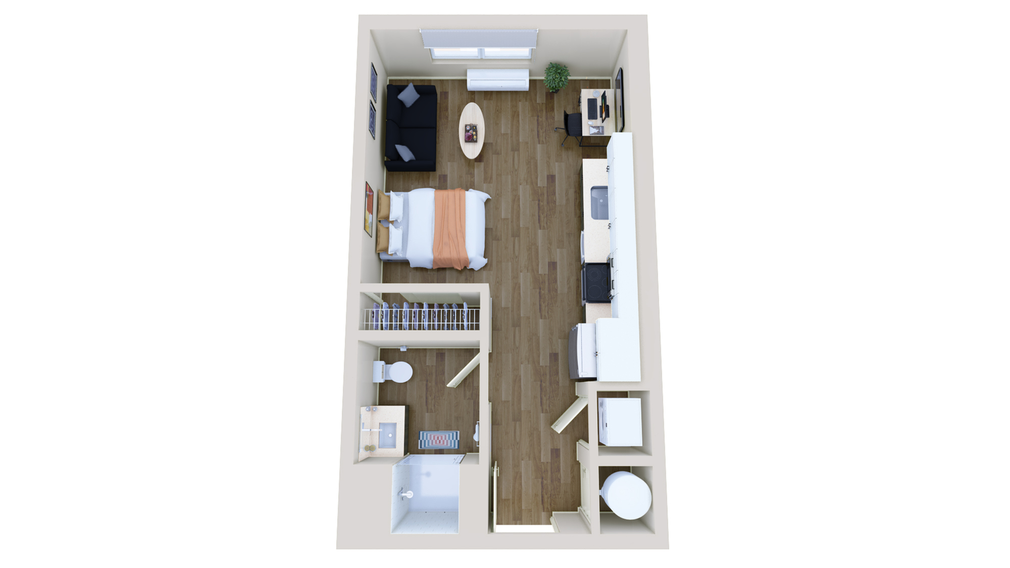 Modern studio apartment floor plan showcasing a cozy sleeping area, compact kitchen, and inviting living space with wooden flooring.