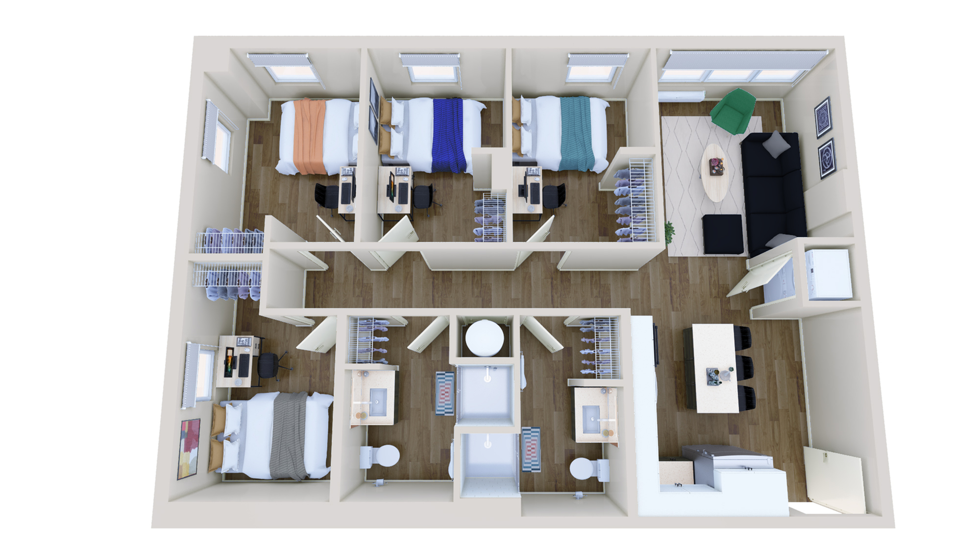 Contemporary 3-bedroom apartment floor plan with open living space, modern kitchen, and stylish furnishings.