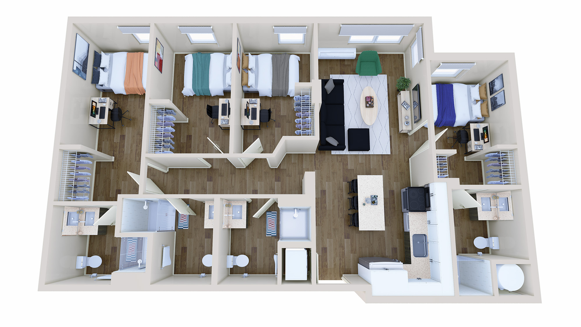 Luxurious 3D floor plan showcasing a modern three-bedroom apartment with spacious living room, elegant kitchen, and two stylish bathrooms.