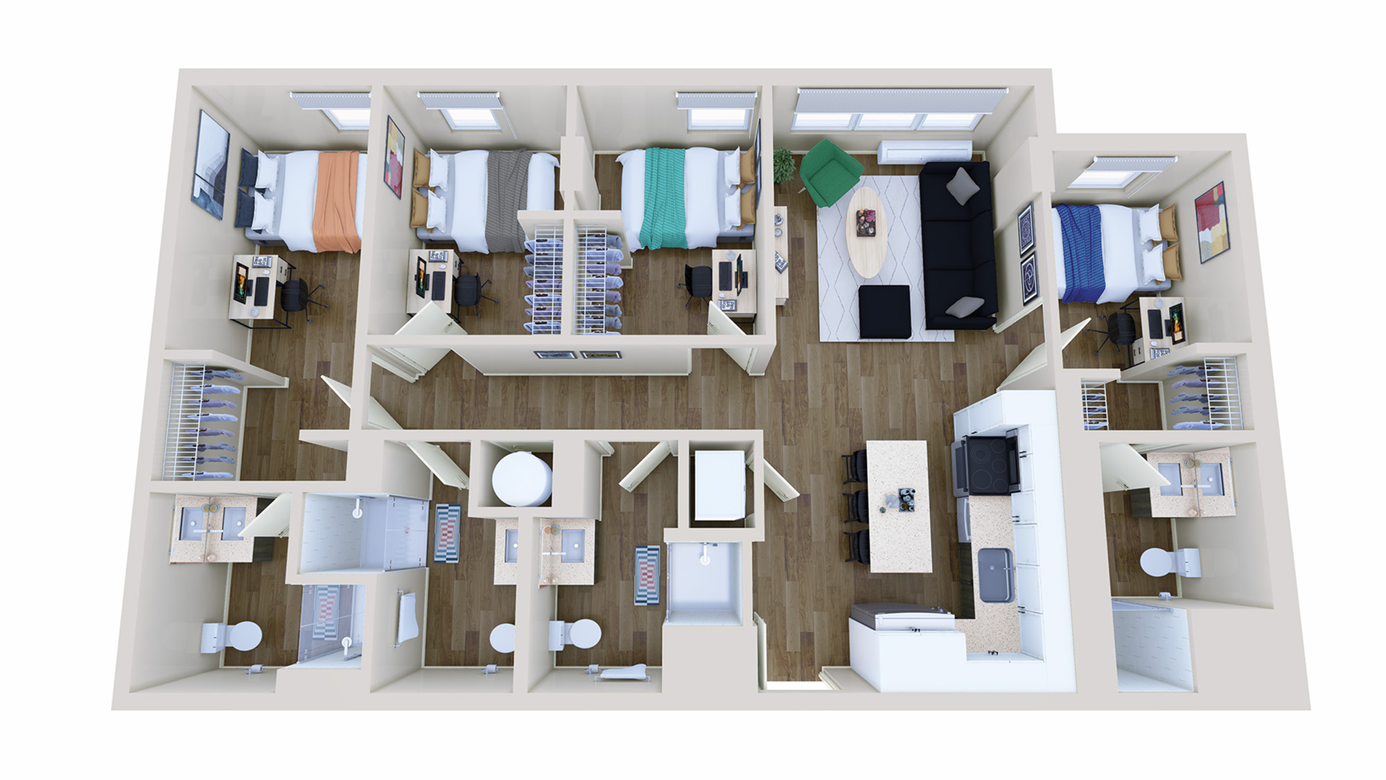 Modern 3D apartment floor plan showcasing 4 cozy bedrooms, a stylish kitchen, and an inviting living room with elegant wood flooring.