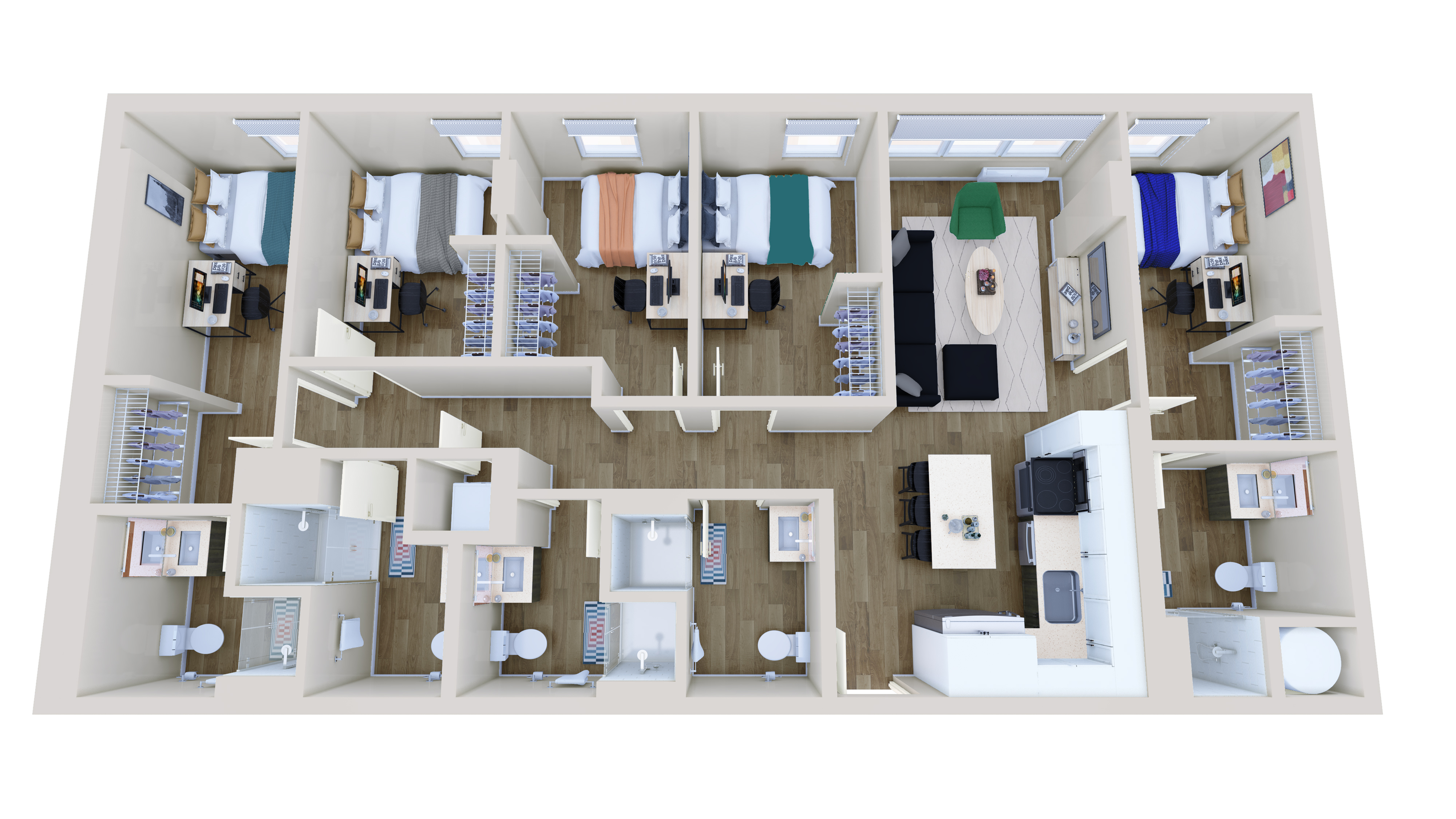 Modern 3-bedroom floor plan showcasing spacious interiors, dual-bathrooms, and open-concept kitchen and living area with natural lighting.