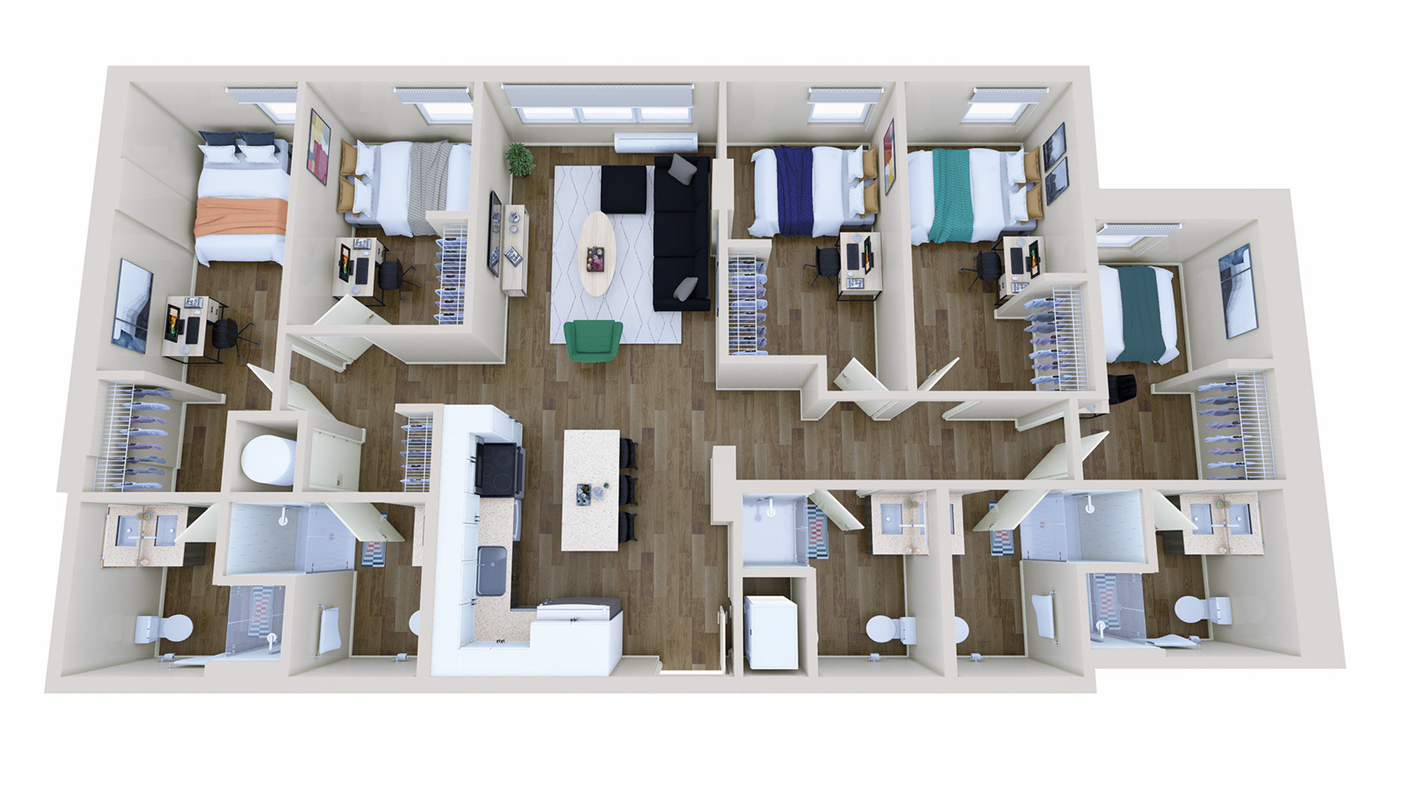 Modern and spacious 3D floor plan featuring four bedrooms, an open living area, and a sleek kitchen with an island counter.