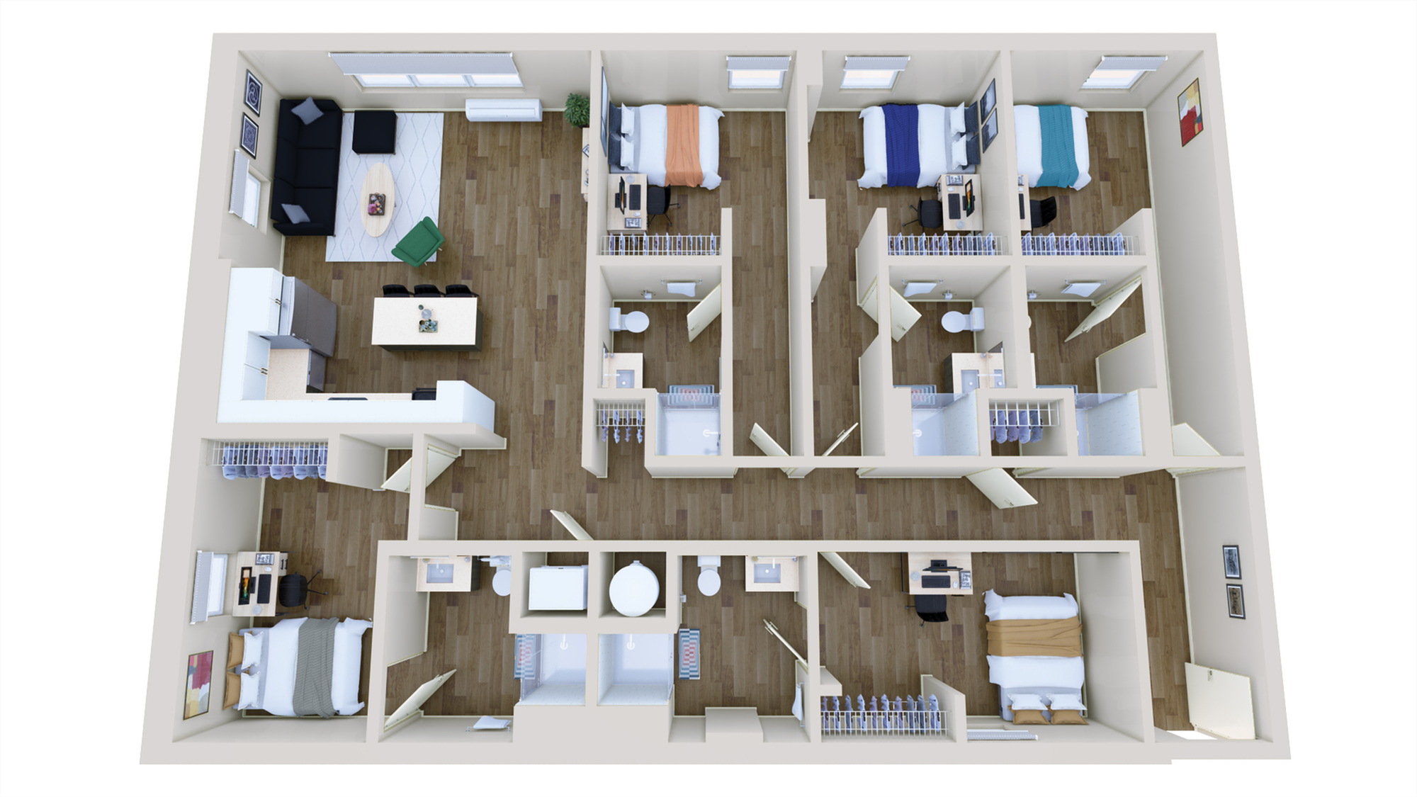 Spacious 3D floor plan showcasing four bedrooms, modern kitchen, and cozy living area, perfect for contemporary living.