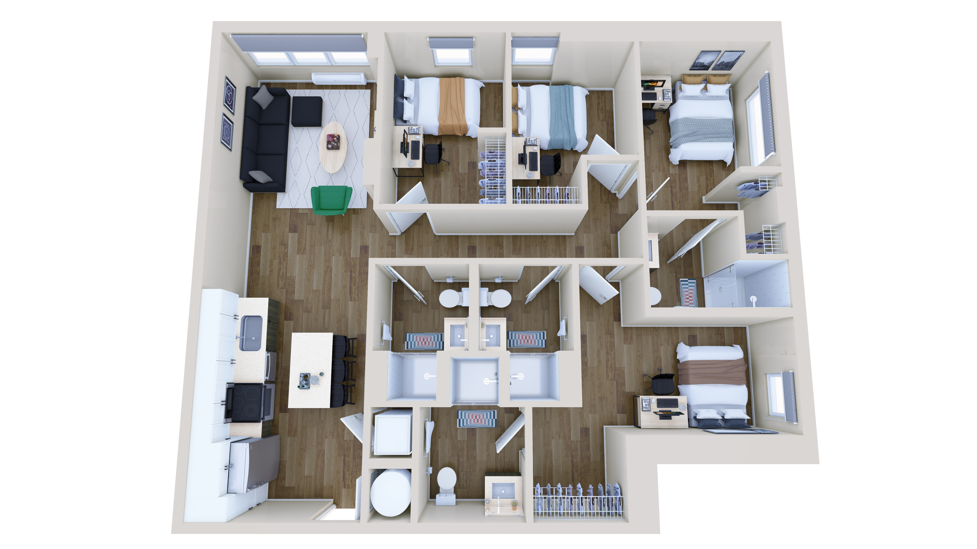 Modern apartment floor plan showcasing three bedrooms, two bathrooms, an open kitchen, and a stylish living room with hardwood floors.