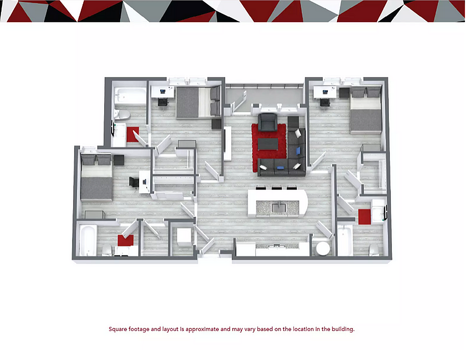Modern 3-bedroom, 3-bathroom apartment floor plan with open living spaces and stylish finishes, 1,040 sq ft.