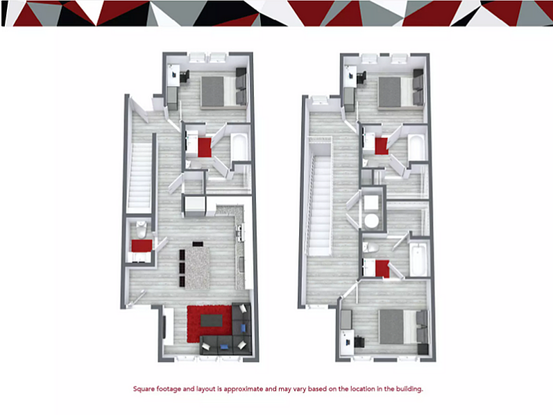 Modern 3D floor plan showcasing 3 spacious bedrooms, 3 sleek bathrooms, and a stylish open-concept living area, totaling 1,276 sq ft.