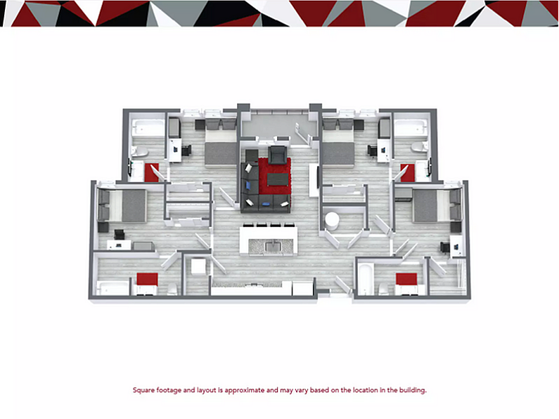 Modern floor plan featuring 4 bedrooms, 4 bathrooms, and open living areas in a spacious 1,173 sq ft design.