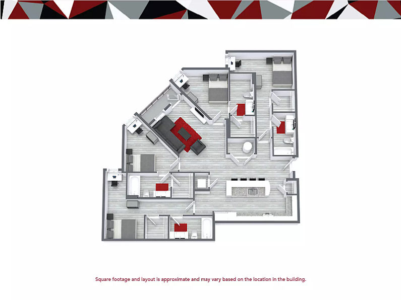 Modern floor plan showcasing 4 bedrooms and 4 bathrooms over 1,470 sq ft, featuring an elegant open-concept living space and stylish interiors.