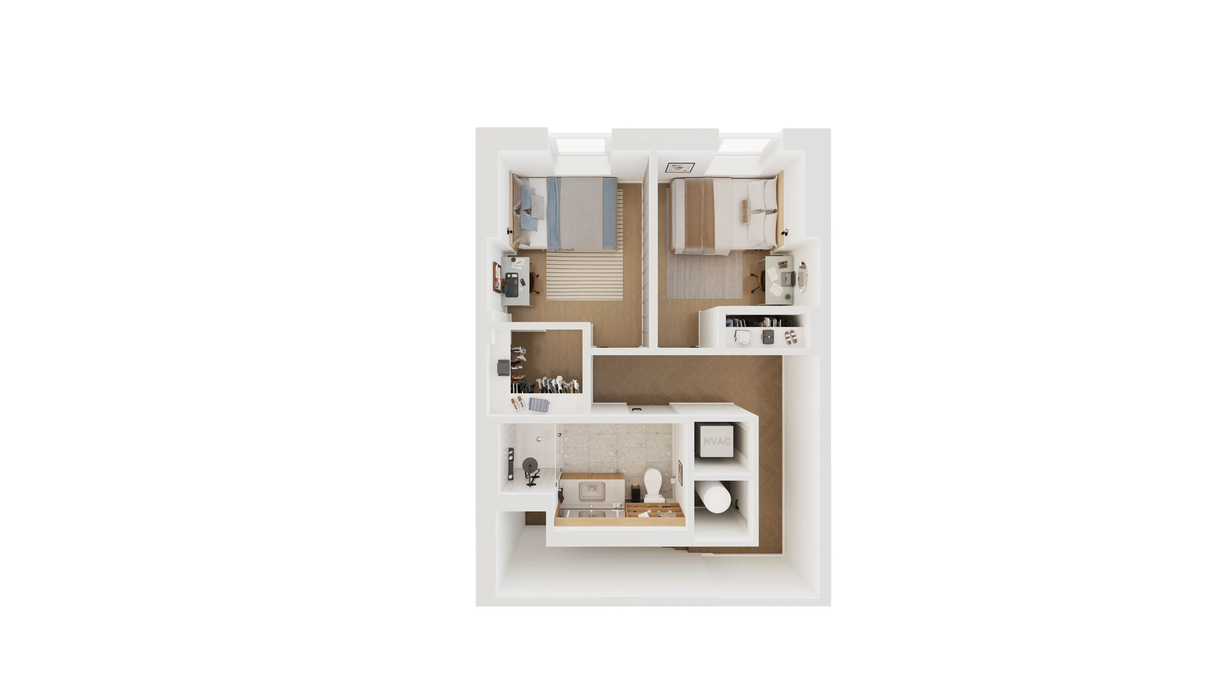 Modern floor plan featuring two cozy bedrooms, a stylish bathroom, and ample storage spaces, designed for comfort and convenience.