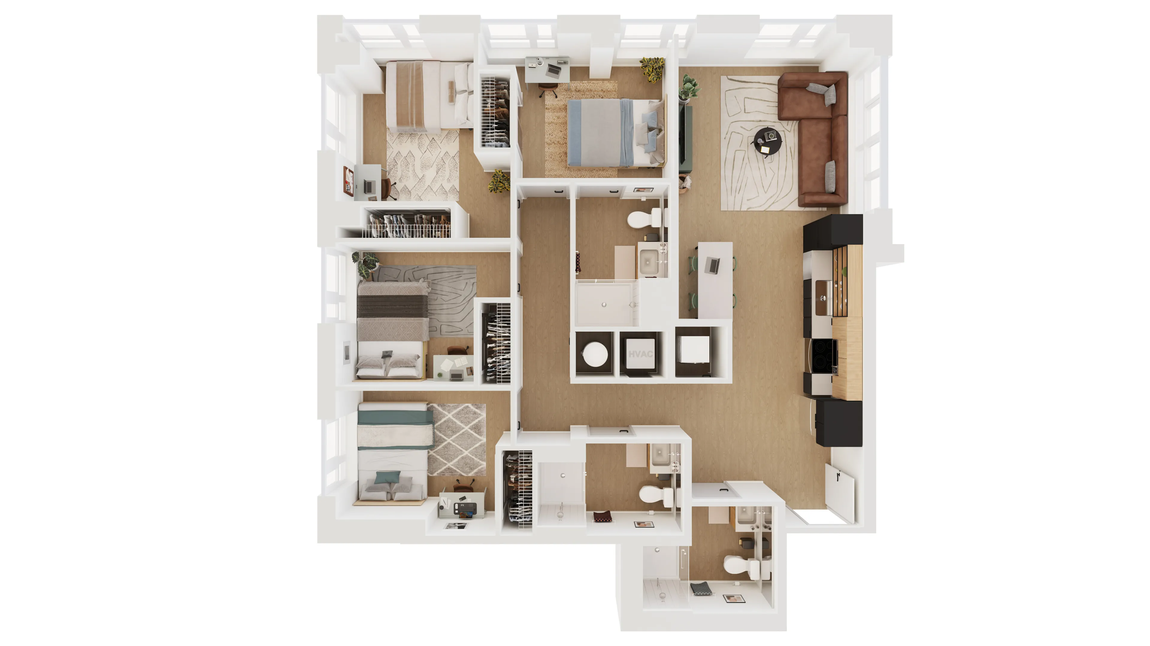 Modern floor plan showcasing three spacious bedrooms, a cozy living area, two sleek bathrooms, and an open-concept kitchen with dining space.