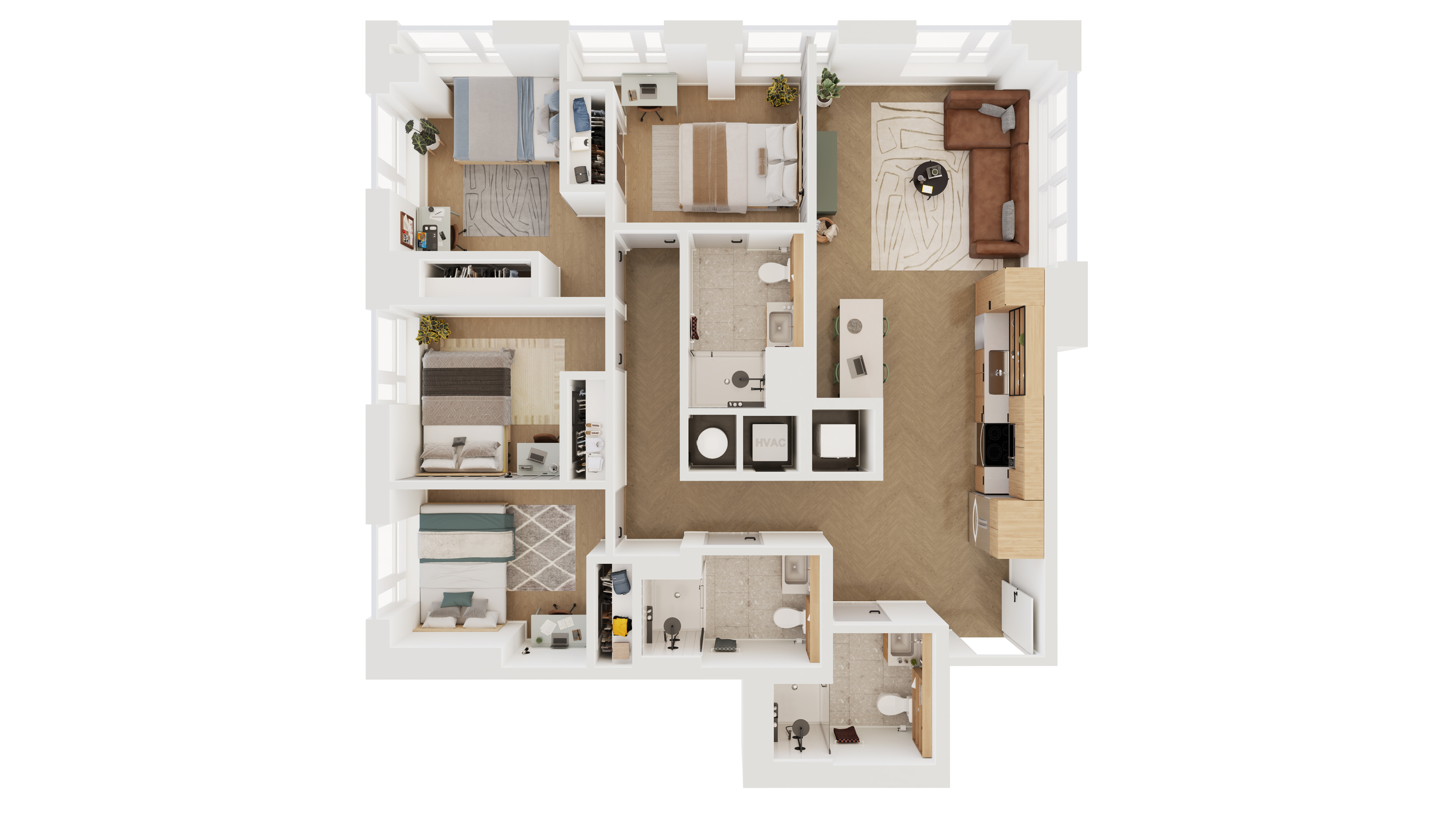 Modern 3D floor plan showcasing three spacious bedrooms, an elegant living room, and a contemporary kitchen.