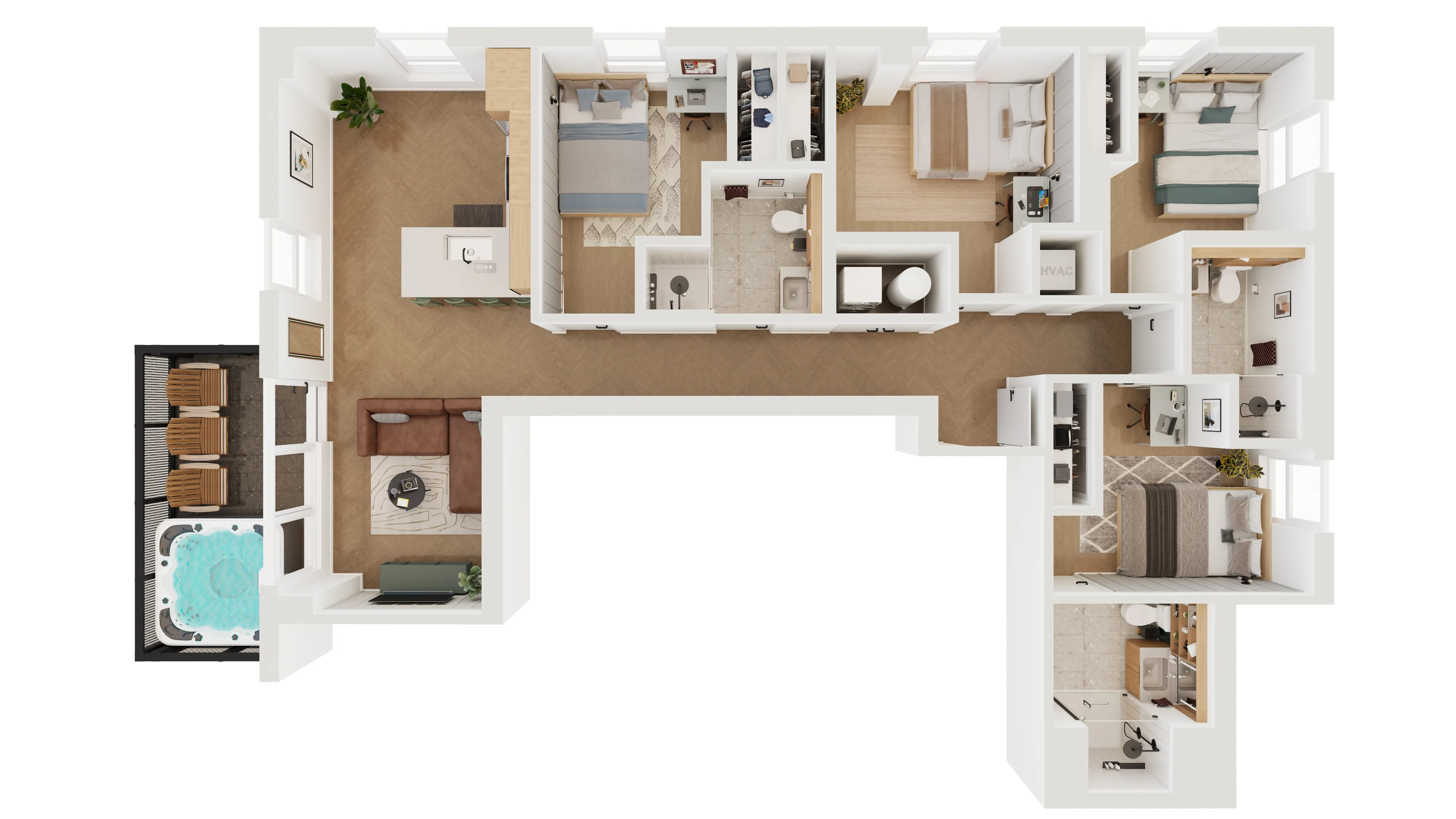 Chic apartment floor plan showcasing four bedrooms, modern kitchen with island, cozy living area, two bathrooms, and private balcony with jacuzzi.