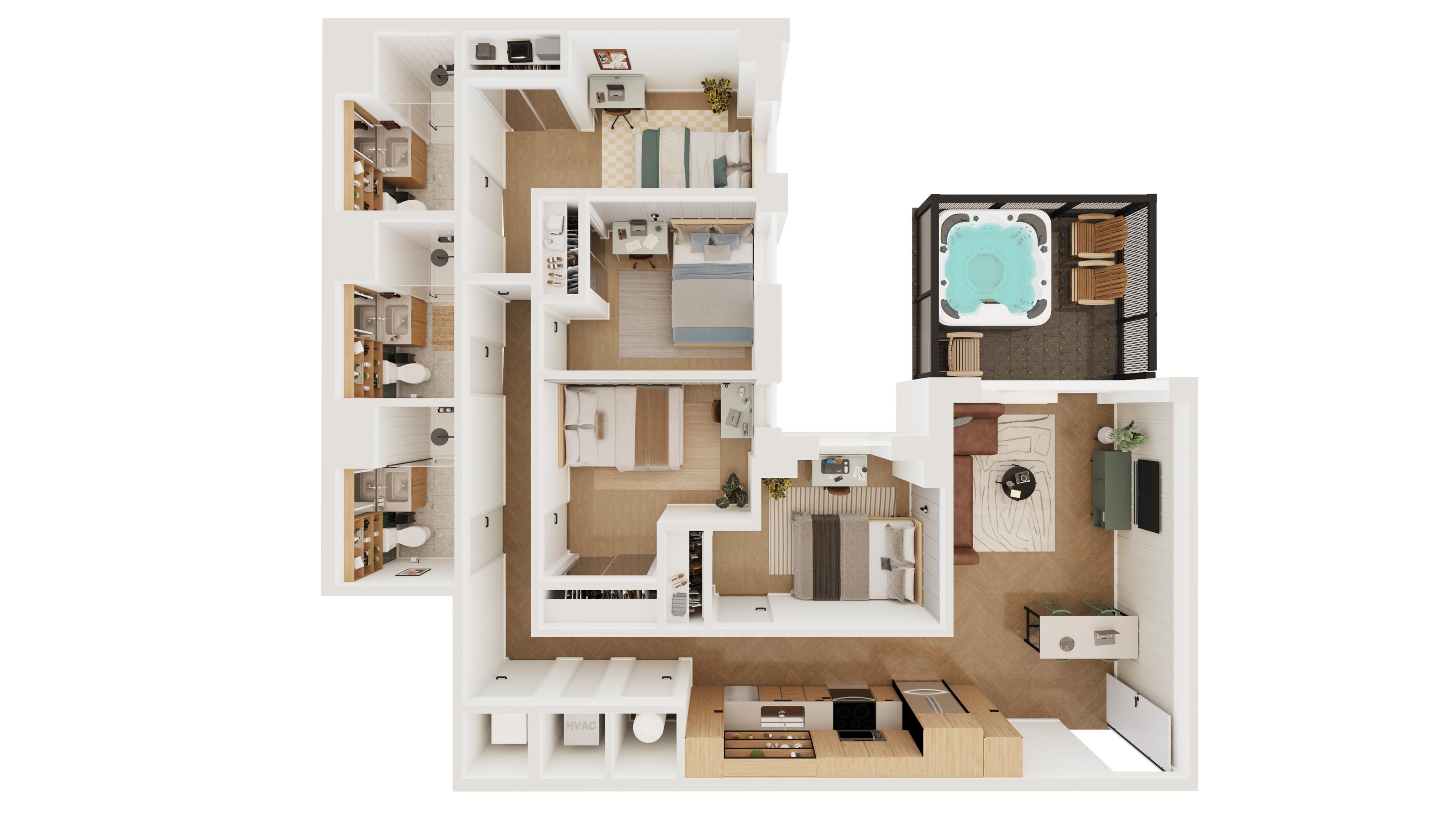 Modern apartment floor plan showcasing 3 bedrooms, stylish living area, sleek kitchen, and a luxurious outdoor Jacuzzi.