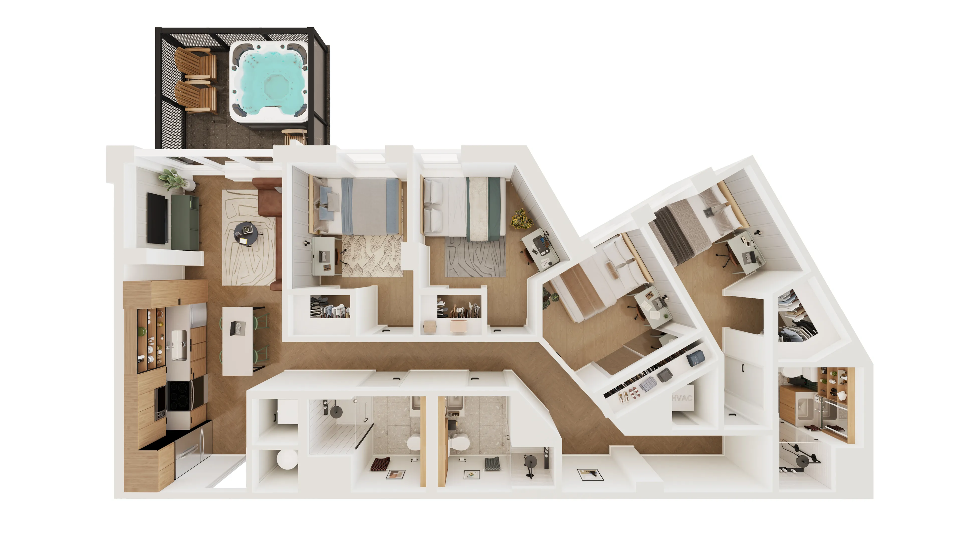 Elegant 3D apartment layout with three bedrooms, open living and dining area, modern kitchen, and private balcony with a hot tub.
