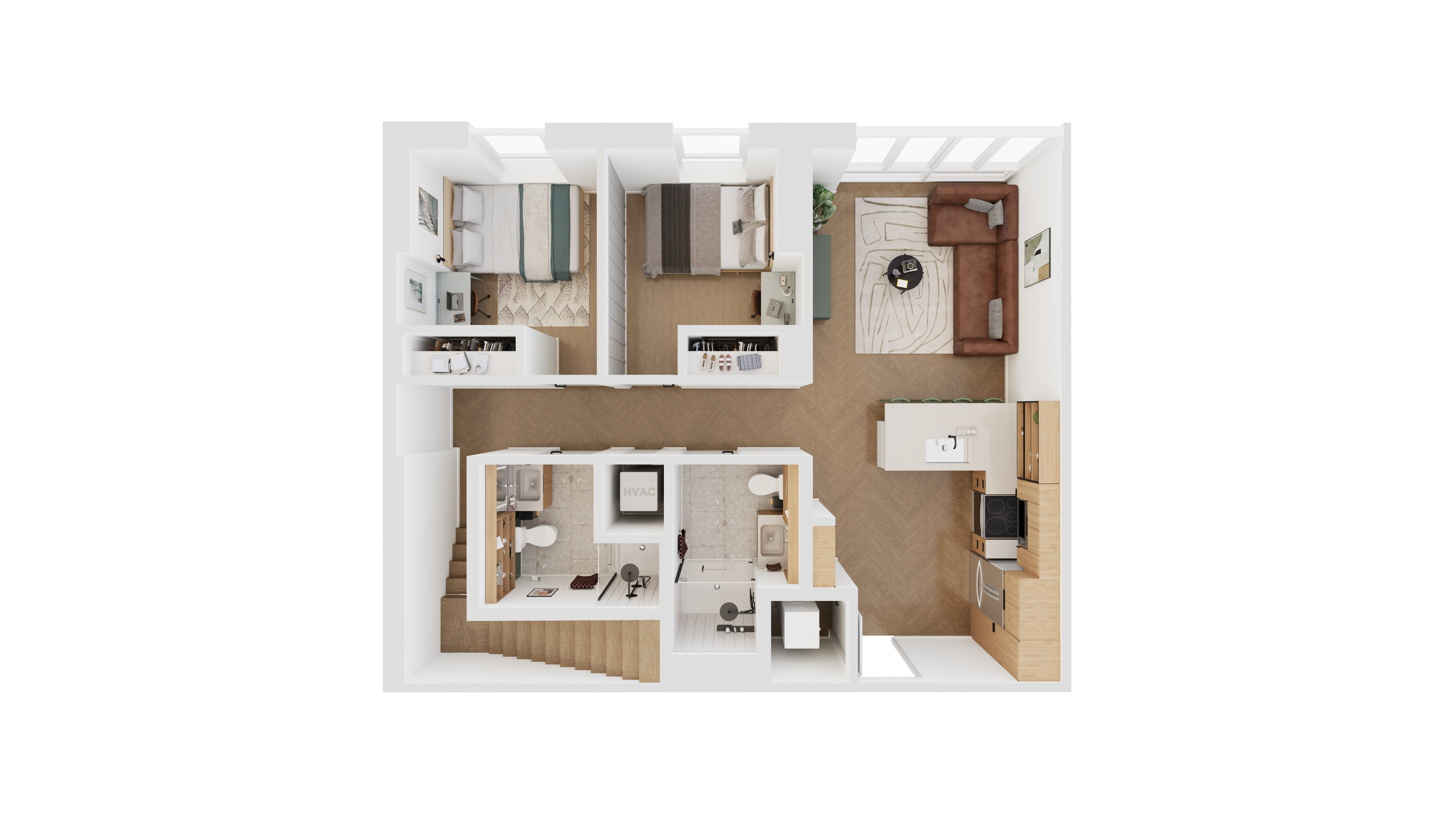 Modern floor plan showcasing two cozy bedrooms, a stylish living area with a sectional sofa, a functional kitchen, and two bathrooms.