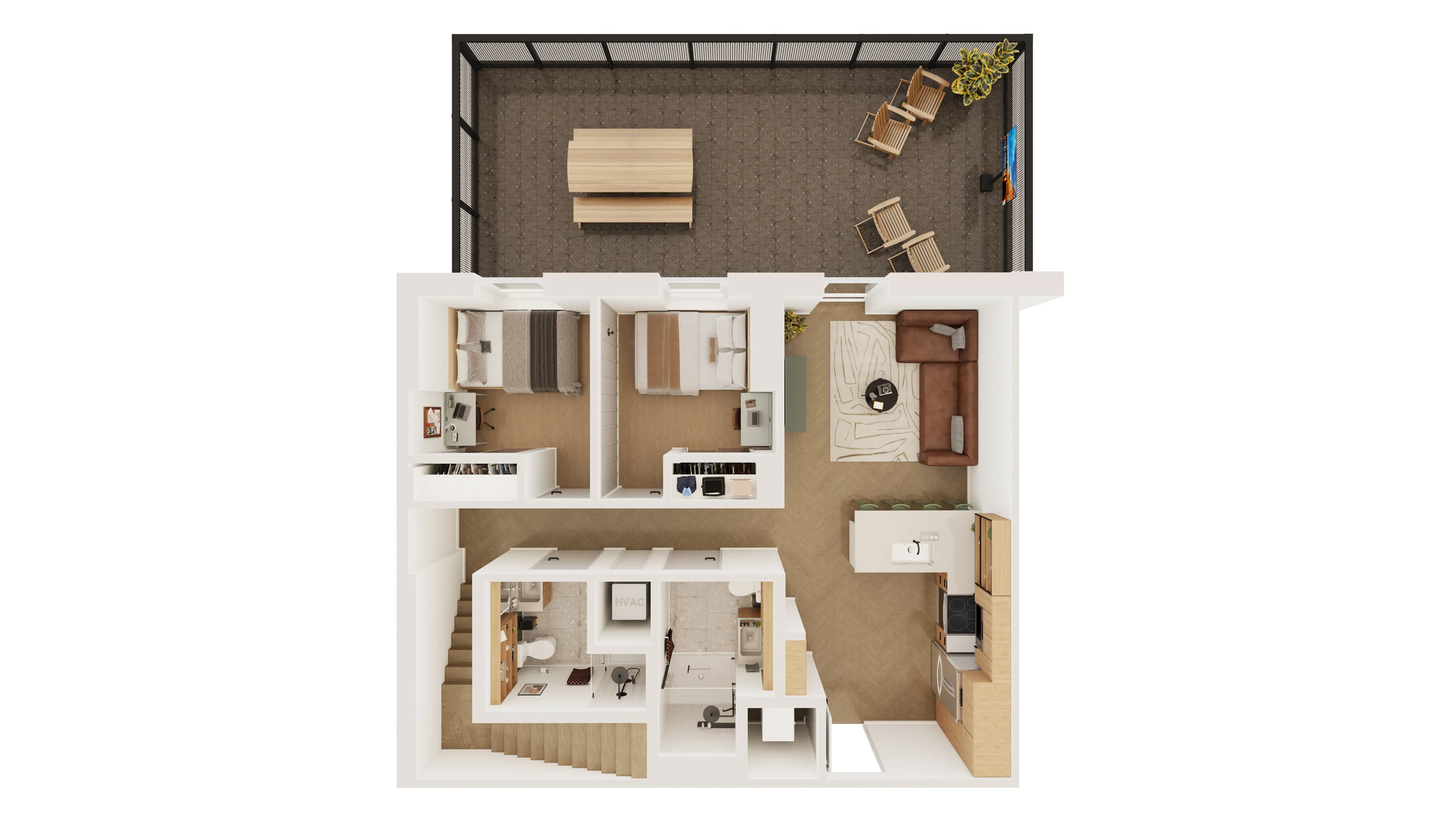 Modern apartment floor plan showcasing 2 bedrooms, cozy living room, sleek kitchen, and expansive outdoor patio.