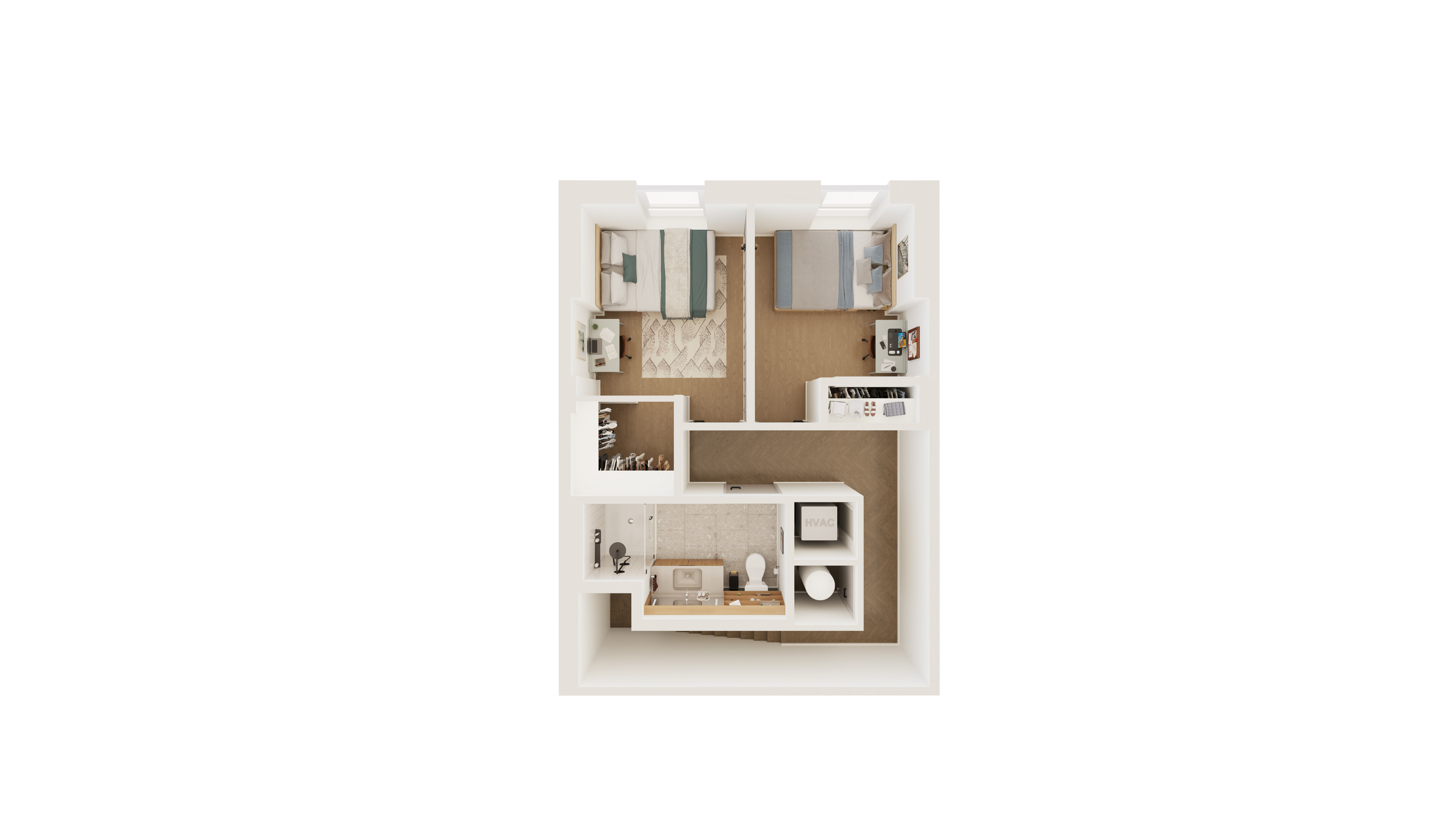 Modern 3D floor plan showcasing two cozy bedrooms, a bright bathroom, and compact living space.