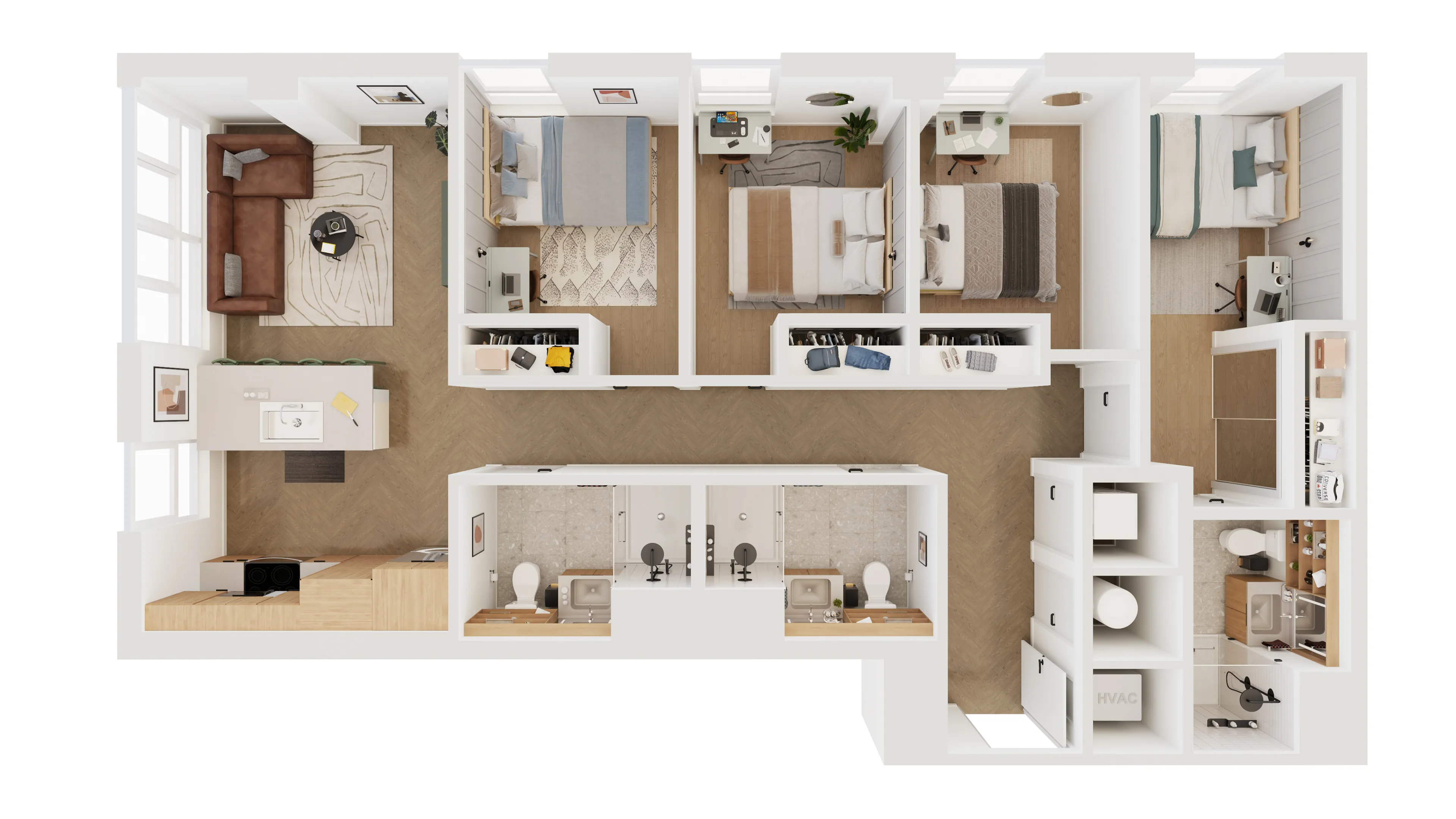 Modern apartment floor plan with three bedrooms, a cozy living area, and a stylish kitchen, featuring two bathrooms and ample closet space.