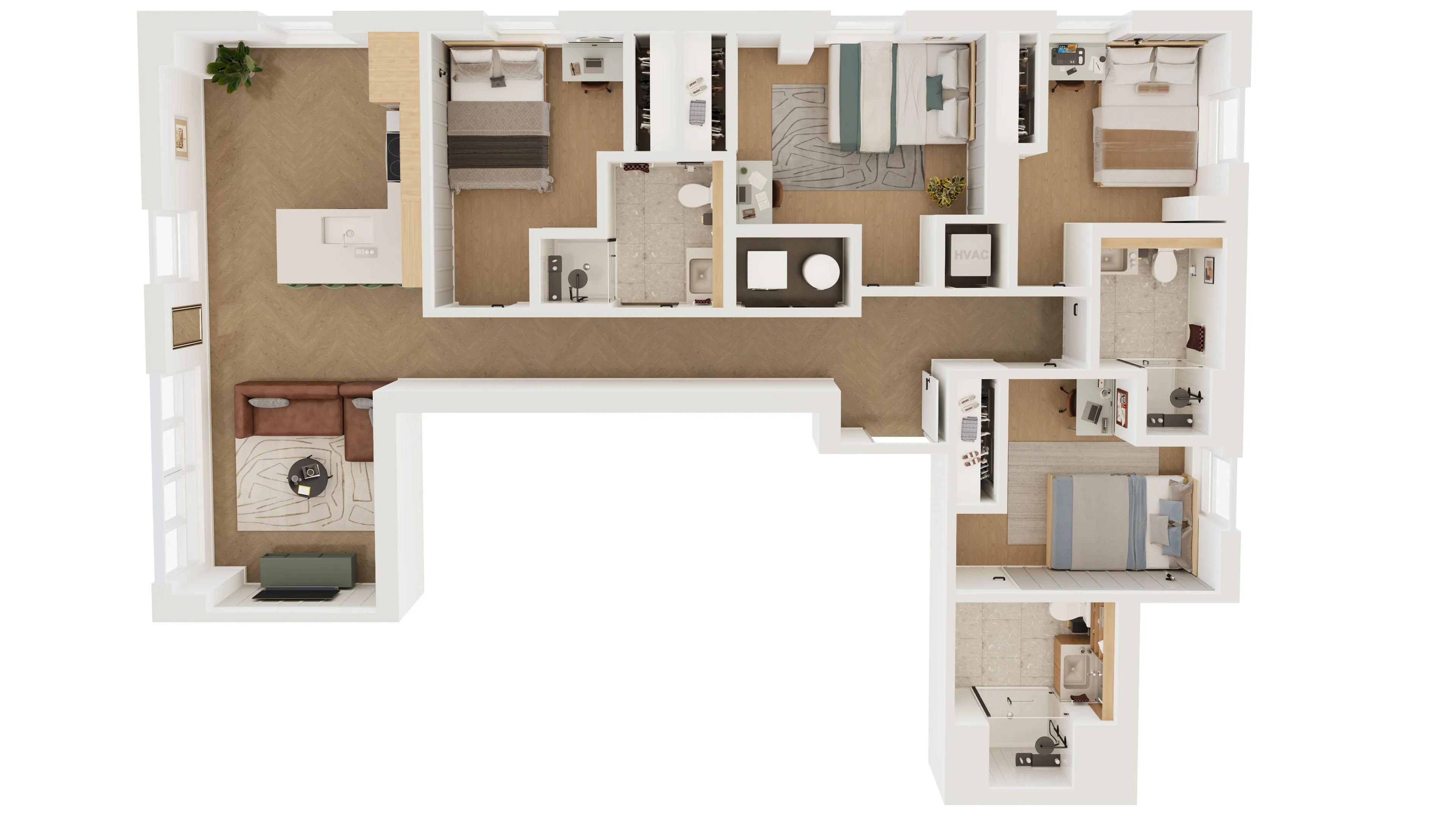 Spacious floor plan featuring four bedrooms, cozy living area, open kitchen with island, two modern bathrooms, and dedicated workspaces.