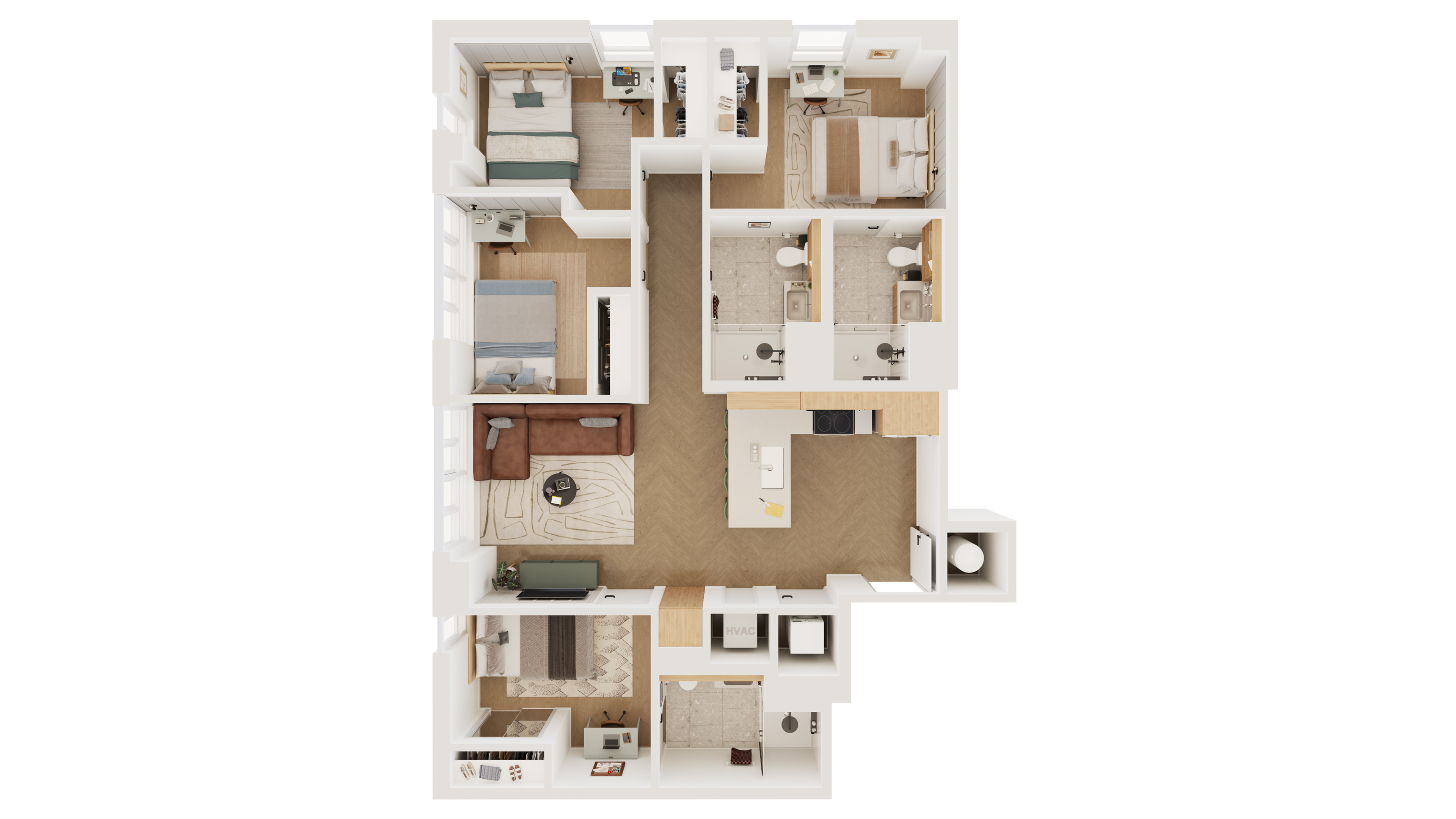 Modern 3D floor plan featuring three cozy bedrooms, two stylish bathrooms, an open living area, and a sleek kitchen with an island, ideal for comfortable family living.