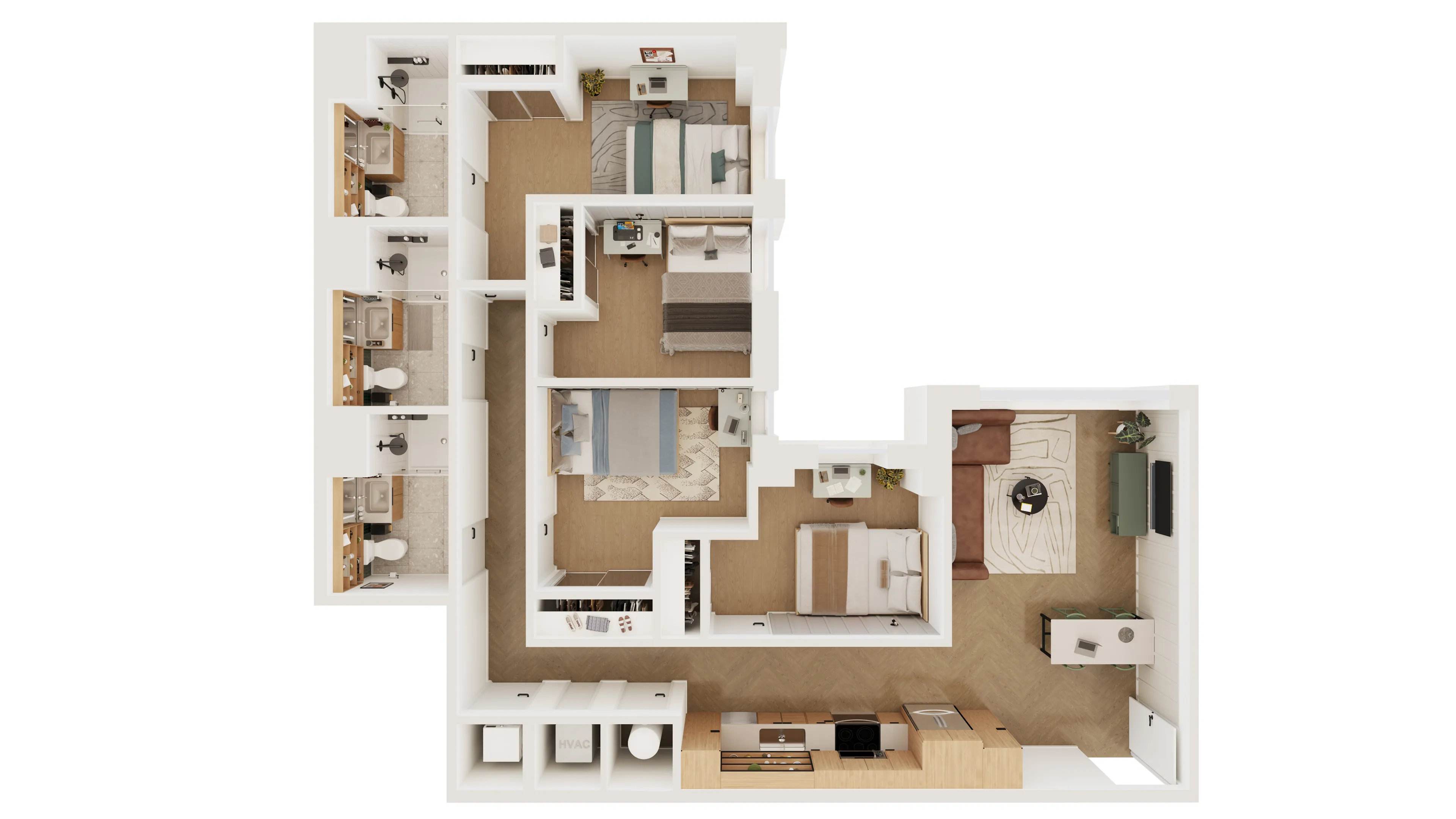 Modern L-shaped floor plan featuring 3 bedrooms, 2 bathrooms, a stylish open-concept living area, and a sleek kitchen.