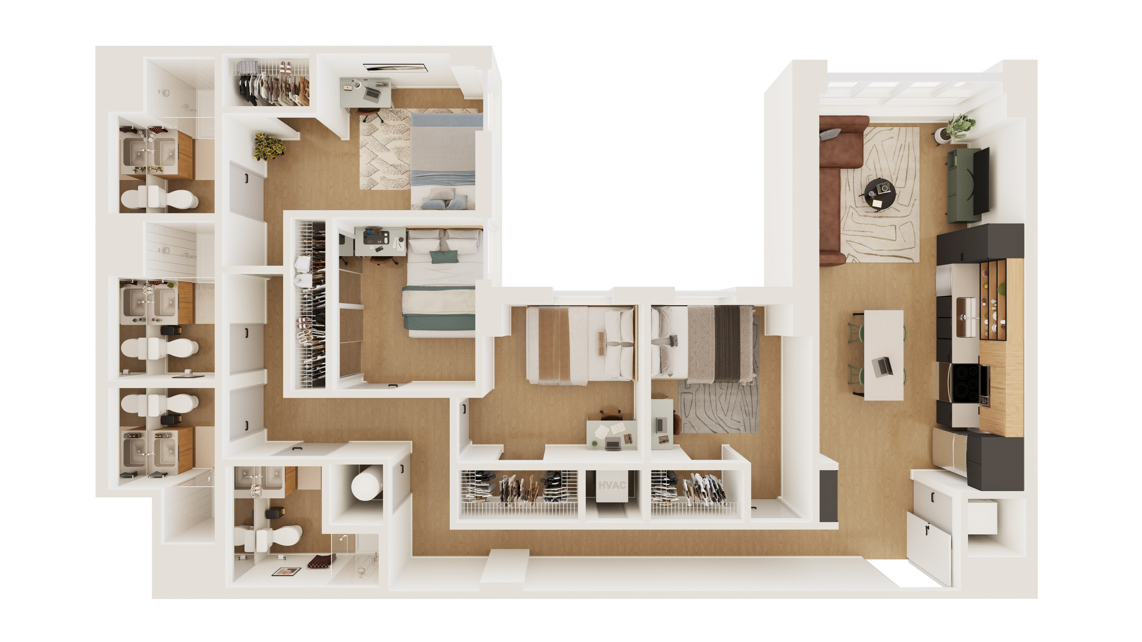 Contemporary floor plan showcasing 3 bedrooms, 3 bathrooms, and an inviting open-plan kitchen and living area.