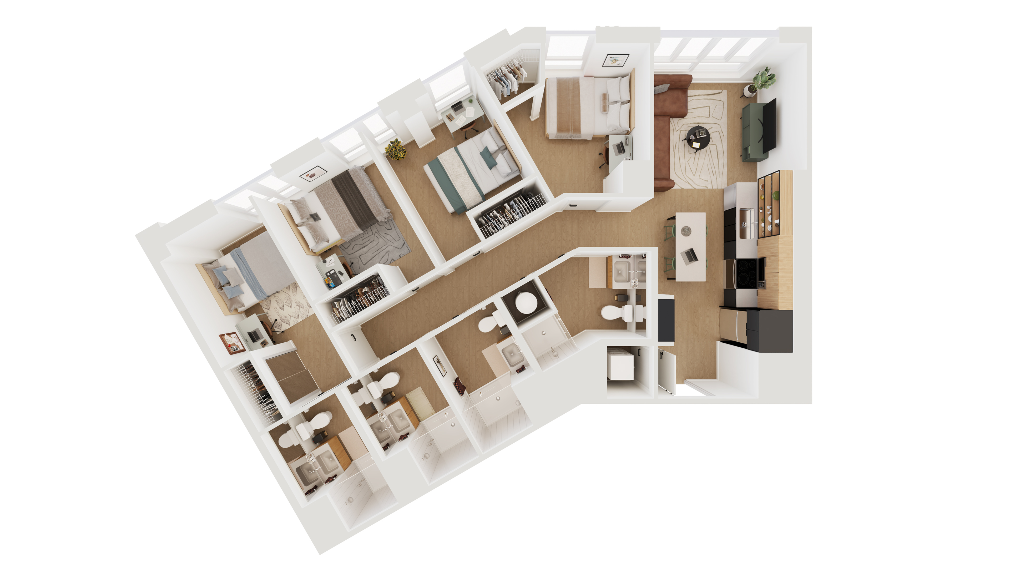 Modern 3D floor plan showcasing 3 bedrooms, open-concept living room, and stylish kitchen.